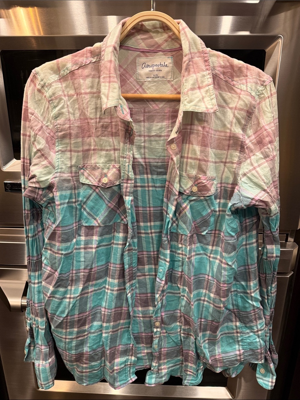 Aeropostale Men's Plaid Button-Down Shirt in Pink & Teal